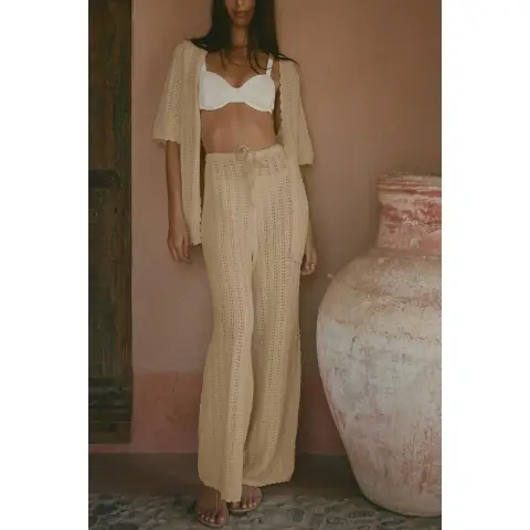 Women's Summer 2 Piece Swimsuit Cover up Crochet Knit Cardigan Tops Long Pants Set Bathing Suit Beach Outfit (lightkhaki, M)