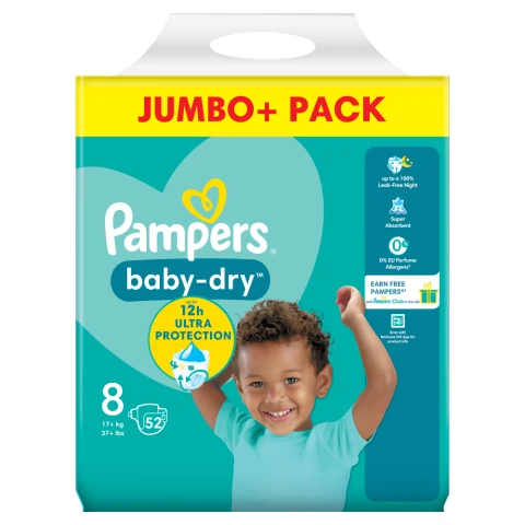 Pampers Baby-Dry Nappies Size 8 17+kg 52 Pack Jumbo+ Pack