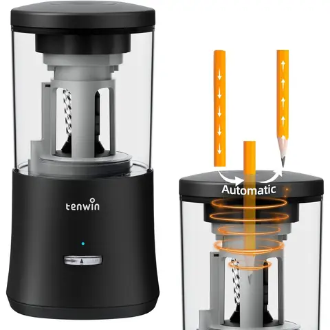 tenwin Electric Pencil Sharpener, Fully Automatic Pencil Sharpener for 6-8mm Colored Pencils, Hands-Free Rechargeable Sharpener, Fast Sharpening, No Uneven Tips, Also for Short Pencils, Black