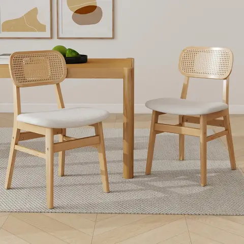 chairus Rattan Dining Chairs Set of 2 Kitchen Side Chairs with Wood Legs for Dining Room, Faux Fur Beige