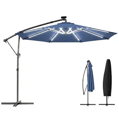 Outsunny 3 m Garden Cantilever Parasol with LED Solar Light, Round Overhanging Umbrella with 6-Position 360° Rotation, Crank Handle, Tilt, Cover, Banana Patio Umbrella for Outdoor Sun Shade, Navy Blue
