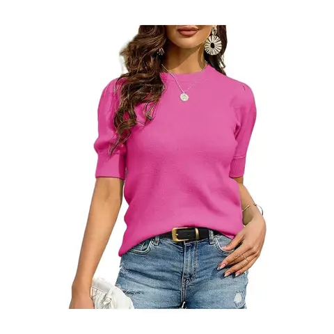 Women's Puff Short Sleeve Sweaters Pullover Shirt Tops Crew Neck Lightweight Knit Sweater Blouses (rosered, S)