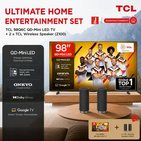TCL 98Q6C mit Z100 Lautsprecherset, 98 Zoll, 4K HDR Premium, mit Dolby Vision IQ & Atmos, Onkyo 2.1 Sound, Smart TV mit Google TV, Game Master Mode, 144 Hz Motion Clarity Pro, AMD FreeSync Premium Pro, HDMI 2.1, AirPlay 2, mit Google Assistant & Alexa