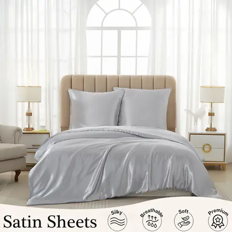 Meeallhome  Satin Duvet Cover Set 260*220cm/60*80cm*2   Gray