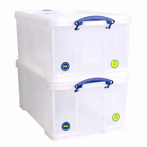 Really Useful Plastic Storage Box 64L Clear (Pack of 2)