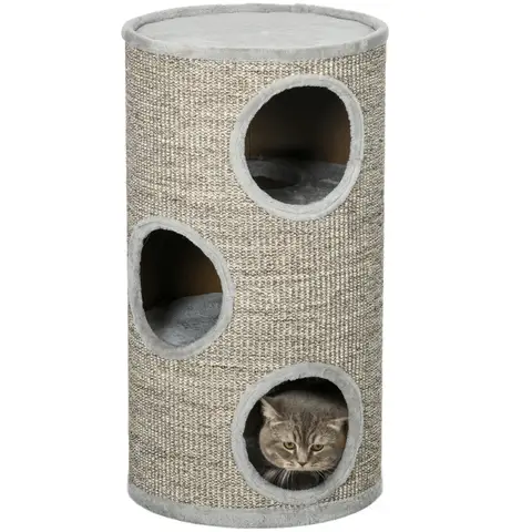 PawHut Cat Barrel Kitten Tree Tower for Indoor Cats, Cat Climbing Frame, Covered in Sisal, Cosy Platform - Light Grey