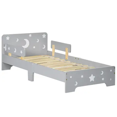 ZONEKIZ Kids Toddler Bed Children's Bedroom Furniture w/ Star and Moon Patterns, Side Rails, for Boys, Girls, Ages 3-6 Years, 143 x 76 x 49cm - Grey