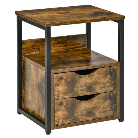 HOMCOM Bedside Table Industrial 2 Drawers Rustic Brown/Black