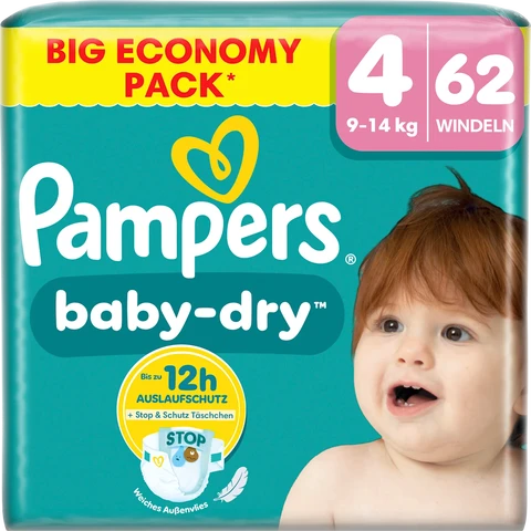 Pampers Baby Dry Größe 4 Maxi 9-14 kg Großpackung 62 Stück