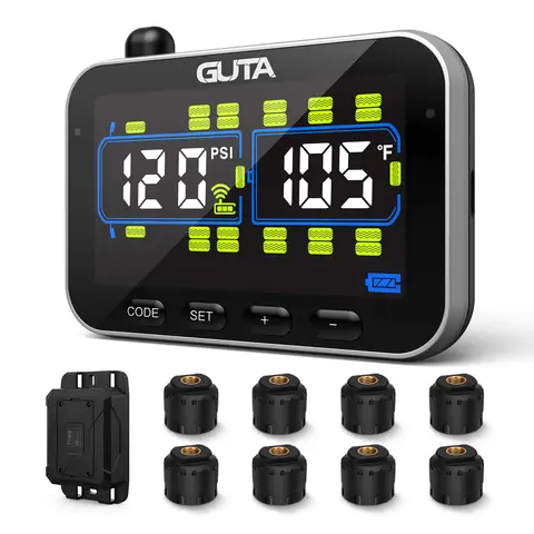 GUTA RV/Trailer Tire Pressure Monitoring System with 8 Sensors, 0-188PSI Real-time Monitoring, 6 Alarms, LCD Color Screen, Repeater, Long-distance Communication, Supports up to 24 Tires, GT20C+8GS02+GB30