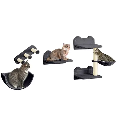 PawHut Cat Wall Furniture, 4 PCS Kitty Climbing Shelves Set, Wall Mounted Cat Tree with Scratching Post, Hammock, Steps, Perches, for Indoor Kittens Sleeping Playing - Dark Grey