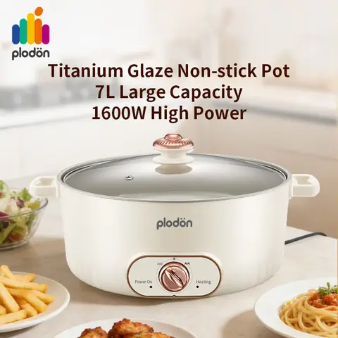 Plodon 1600W 7L Large Multifuntional All-in-One Electric Hot Pot Non-Stick Cooking Pot Slow Cooker for Stir-frying Simmering [UK Plug]