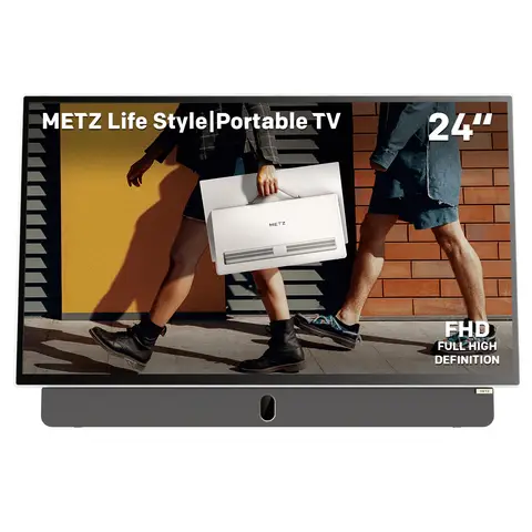 【Gratis installatie】METZ draagbare TV 24 inch MPE7000Z FHD Google TV, ingebouwde accu, wit met unibody-design, oplaadbaar via 12V, leren draaghandgreep, driemodus tuner