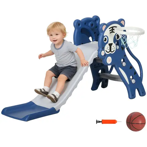 AIYAPLAY Kids Slide, 3 in 1 Freestanding Toddler Slide with Basketball Hoop, Climber, Basketball, Indoor Outdoor Tiger-Themed Playset for Ages 18-36 Months, Blue
