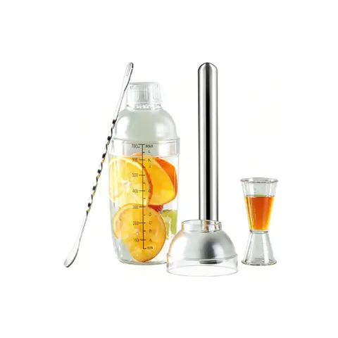 BJ Kit de shaker 700 ml - 4 pièces (couvercle anti-éclaboussures + cuillère de bar + gobelet doseur + pilon à glace de 30 cm)