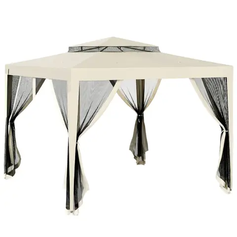 Outsunny 3 x 3 m Gazebo, Netting Party Tent, Patio Canopy Outdoor Event Shelter with Double Tier Roof for Activities, Shade Resistant, Beige