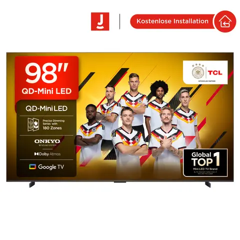  TCL 98Q6C QD-Mini LED TV, 98 Zoll, 4K HDR Premium, mit Dolby Vision IQ & Atmos, Onkyo 2.1 Sound, Smart TV mit Google TV, Game Master Mode, 144 Hz Motion Clarity Pro, AMD FreeSync Premium Pro, HDMI 2.1, AirPlay 2, mit Google Assistant & Alexa