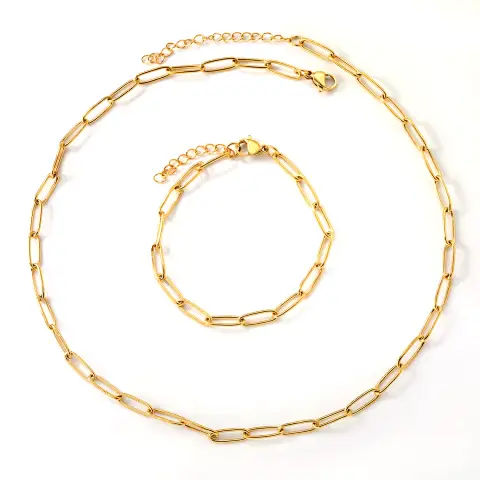 Long Link Chain 18K Gold Plated Bracelet and Choker Necklace Set