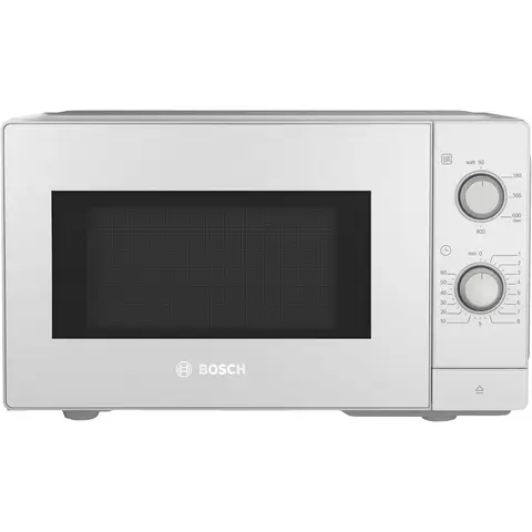 Bosch FFL020MW0 Serie 2 Freistehende Mikrowelle, 26 x 44 cm, 800 W, Drehteller 27 cm, Türscharnier links, AutoPilot 7 mit 7 Automatikprogrammen, Reinigungshilfe, LED-Touch-Display, Weiß [Energieeffizienzklasse B]