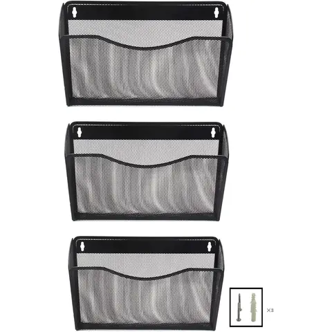 3 Pocket Landscape A4 Mesh Wall File Holder,Black