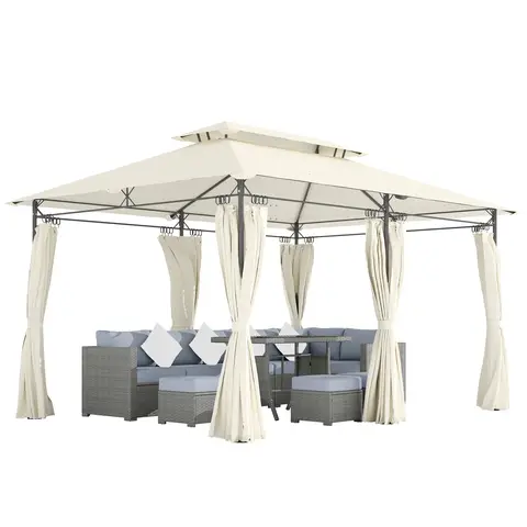 Outsunny 3 x 4m Garden Gazebo with Sides, Double Roof Metal Gazebo, Outdoor Gazebo Canopy Shelter for Patio, Deck, Cream White