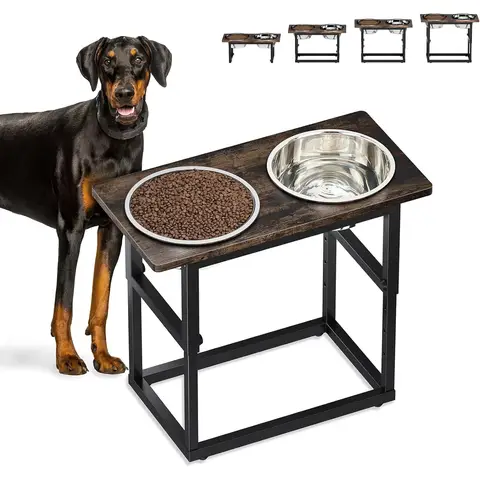 VVM Elevated Dog Bowls for X-Large and Large Breed, 5 Adjustable Heights, 2 Stainless Steel Bowls, Raised Dogs Food Bowl Stand, Brown