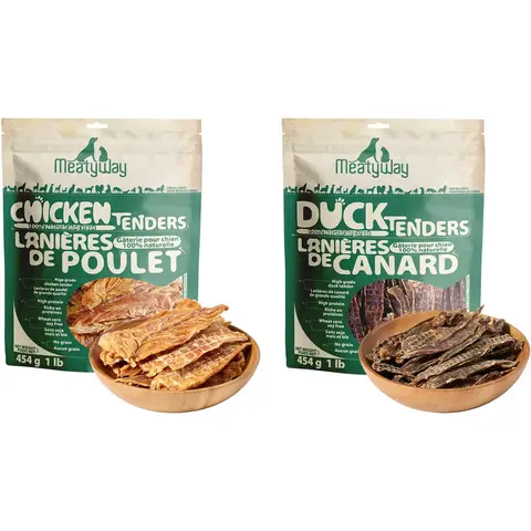 MeatyWay Chicken and Duck Jerky Tenders Dog Treats, High Protein, Low Fat, 100% Natural Grain Free Dog Snacks, Easy to Digest Training Treats, 454g/16 oz. (Pack of 2)