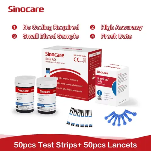 Sinocare Safe AQ Bottled Test Strips 50 Strips per Set No Meter Transparent