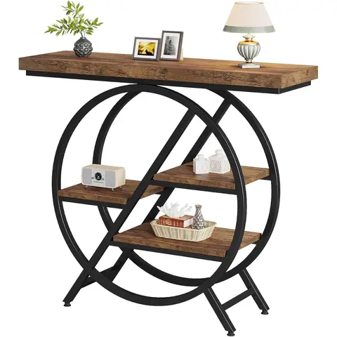 Tribesigns Console Table, 100 cm, Thick Top Industrial Coffee Table, Side Tables with Geometric Metal Frame, for Living Room, Entrance, Rustic Brown