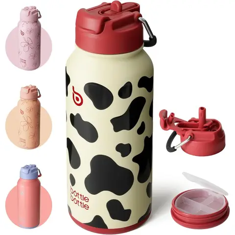 Bottle Bottle Insulated Water Bottle 950ml(32oz) Stainless Steel Sports Water Bottles with Straw Dual-use Lid Drink Flask Design for Gym with Pill Box (Cow)