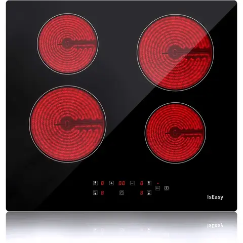 IsEasy 60cm Built-in Ceramic Hob, 6000W, 4 Cooking Zones, Touch Control, 9 Power Levels, Timer, Child Safety Lock, Black Glass