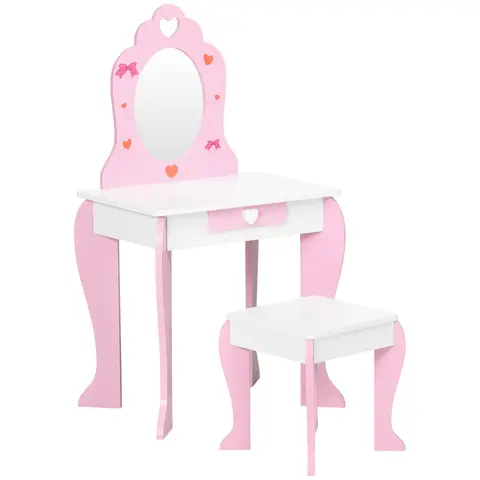 ZONEKIZ Kids Dressing Table with Mirror and Stool, Vanity Set w/ Love Heart and Bow Design, Girl Makeup Desk w/ Drawer, for Ages 3-6 Years - Pink