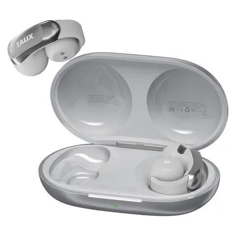 TALIX Ultra-Light Clip-On Wireless Earbuds,  4-Mic Clear Calls, 28H Battery, Fast Charge, Bluetooth 5.3, IPX4 Waterproof, Silicone Earhook, G1, Grey