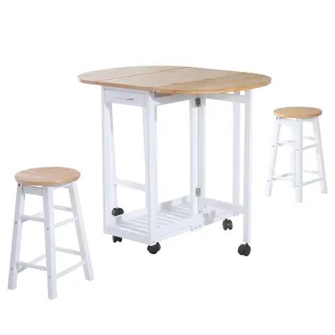 HOMCOM Bar Table & 2 Stools Foldable Portable Natural/White