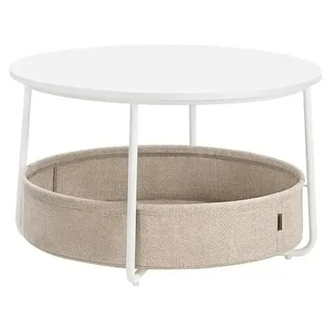 VASAGLE Coffee Table Storage Round Center Table Fabric Basket Modern Metal Frame Matte White Camel Brown