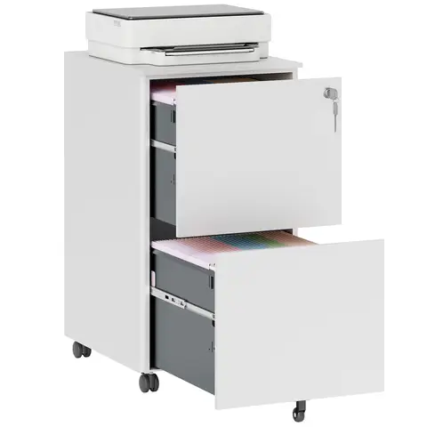 Vinsetto 2-Drawer Vertical Filing Cabinet with Lock and 5 Wheels, Steel Mobile File Cabinet, for A4, Legal and Letter Size, Pre-Assembled Body, White