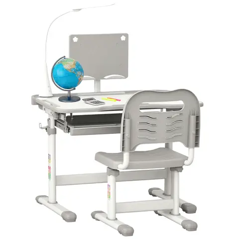 HOMCOM Kids Desk and Chair Set, Height Adjustable Study Desk with Tiltable Desktop, USB Lamp, Storage Drawer for Study, Grey
