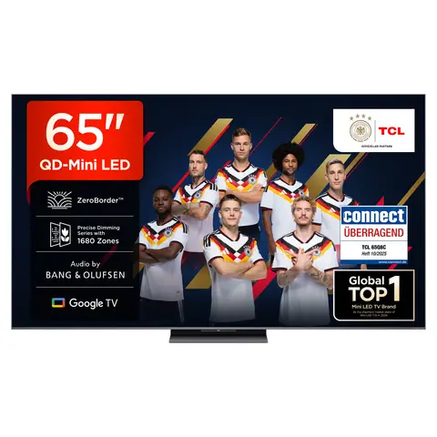 TCL 65Q8C 65 Zoll QD Mini LED, 4K HDR Premium 4500, ZeroBorder™, Smart Google TV, CrystGlow WHVA-Panel, Audio von Bang & Olufsen, 144 Hz Motion Clarity Pro, Dolby Vision IQ & Atmos