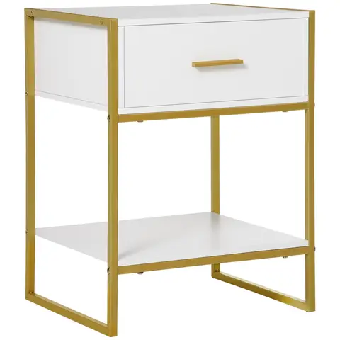 HOMCOM Bedside Table with Storage Drawer and Open Shelf, Modern Nightstand, Side Table with Metal Frame for Bedroom, Living R