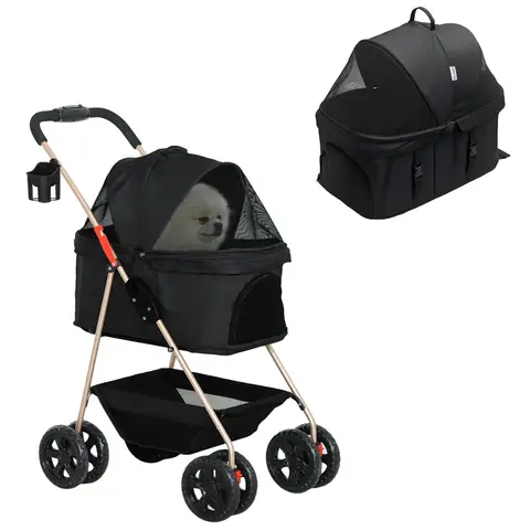 PawHut Pet Stroller, 3 in 1 Folding Dog Stroller Pram w/ 4 Wheels, Detachable Carrier, Storage Basket, Cup Holder Black