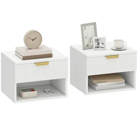 HOMCOM Floating Nightstands Set of 2, Modern Wall Mounted Bedside Tables with Fluted Drawer and Open Shelf for Bedroom, White