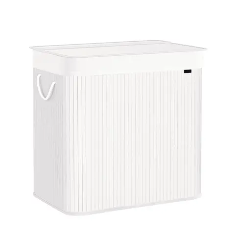 JOYFURNOS Grand Panier à Linge en Bambou, Panier à Linge Pliable à 3 Compartiments avec Couvercle, Sac Intérieur Amovible, Blanc