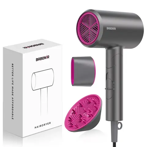 BABONIR FZ201 Foldable Ionic Hair Dryer 1800W with Diffuser and Concentrator, Fast Drying, Lightweight Portable Design, Grey