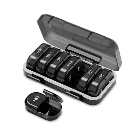 Weekly Pill Organizer 2 Times a Day, Pill Box 7 Day with One-Side Large Openings for Easy to Use, Black Privacy Protection AM PM Pill Case for Medication, Vitamins, Fish Oils, Supplements