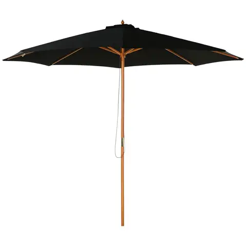 Outsunny 3(m) Garden Parasol, Pulley Operated Patio Umbrella, Wooden Parasol, Table Market Umbrella with Rope Pulley Mechanism and 8 Ribs, Black
