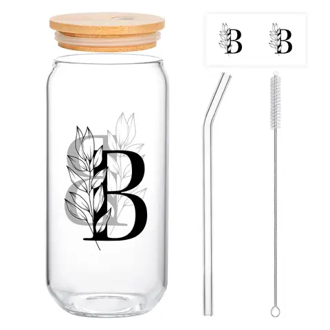 Alphynix 1 modernes Glas, 500ml hohes Eiskaffeeglas mit Monogramm "B"-Design, Bambusdeckel & Strohhalm, Kaltgetränkebecher für Eistee, Saft, Boba,Geschenk zum valentinstag, geschenk zum geburtstag