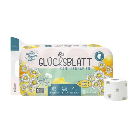 Glücksblatt Toilettenpapier Kamillenpapier, 3-lagig, Tissue, 150 Blatt, 16 Rollen