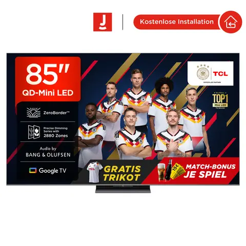 TCL 85Q8C 85 Zoll QD Mini LED TV, 4K HDR Premium 5000, ZeroBorder, Smart Google TV, CrystGlow WHVA-Panel, Audio von Bang & Olufsen, 144 Hz Motion Clarity Pro, Dolby Vision IQ und Atmos