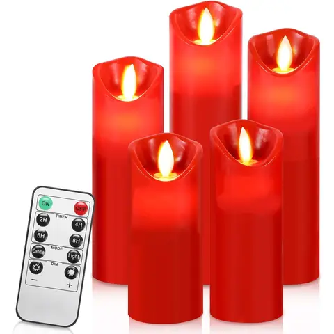 Yakimz LED Kerzen mit Timerfunktion | Flackernde Echtwachs-Kerzen mit 10-Tasten Fernbedienung | 5er Set 13/14/16/18/20CM Flammenlose-Kerzen, LED-Kerzen (Rot)