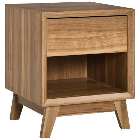HOMCOM Modern Bedside Table Nightstand, Living Room End Table, Side Table with Drawer and Shelf, Walnut Brown